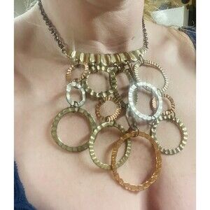 Chicos Statement Collar Necklace Chunky Gold Bronze Cascading Hoops Textured